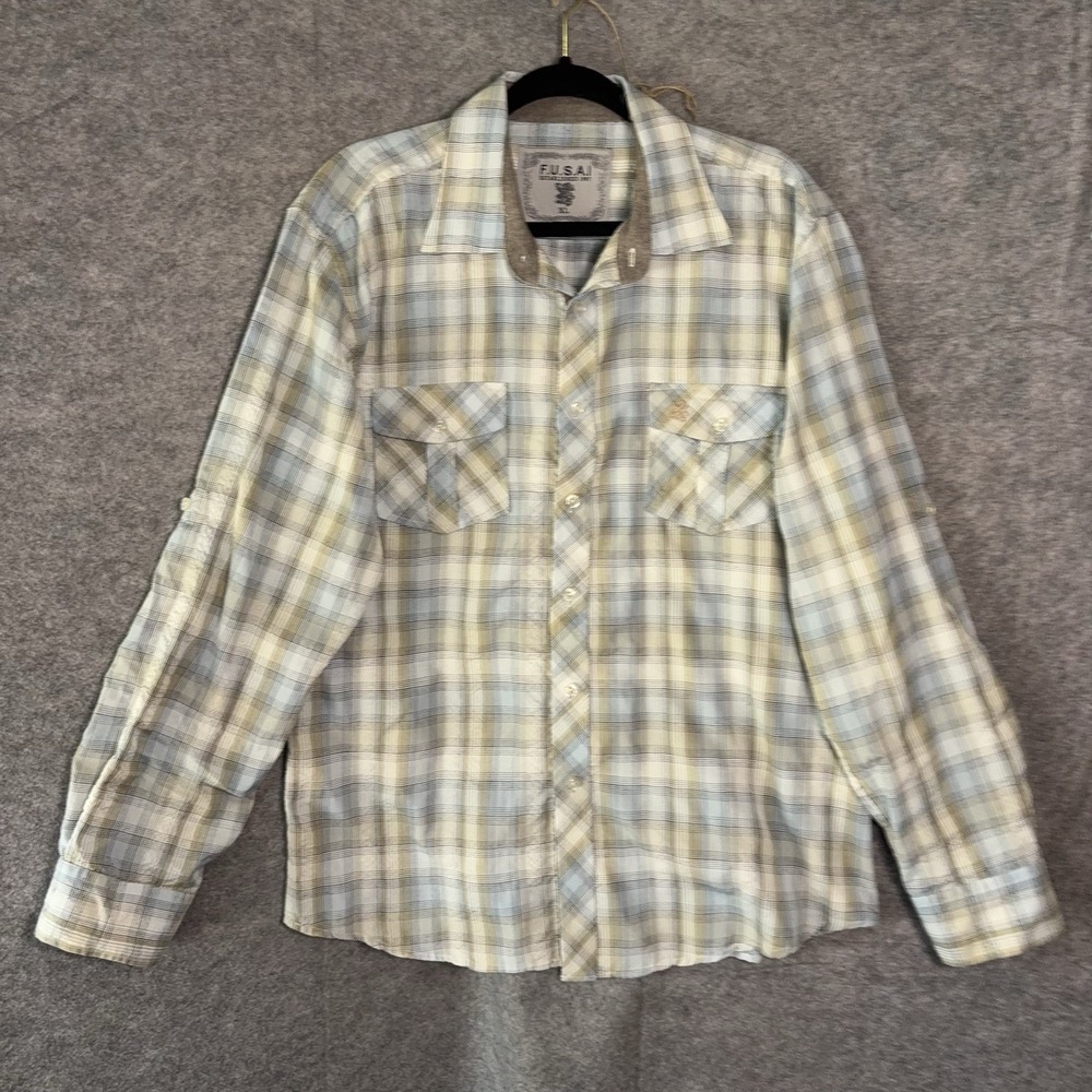 FUSAI Jeans Shirt Mens XL Blue Green Plaid Pockets Roll Tab Sleeve Flip Cuff Y2K